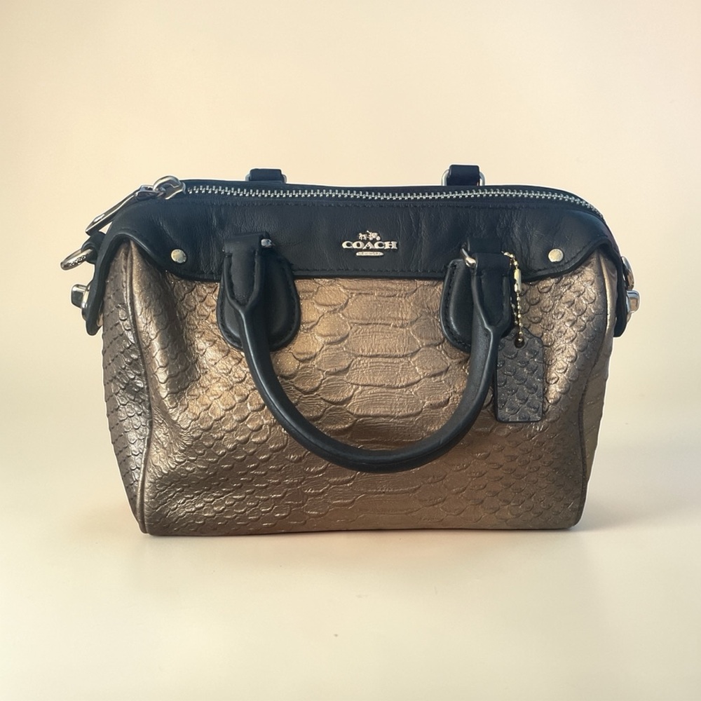 COACH MINI BENNET SATCHEL METALLIC SNAKE EMBOSSED LEATHER BRONZE BKACK CROSSBODY